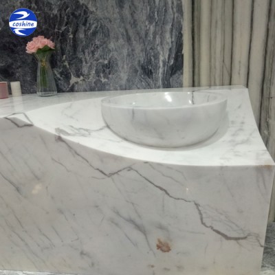 Vanity top snow white marble stone integrated bathroom sink and countertop